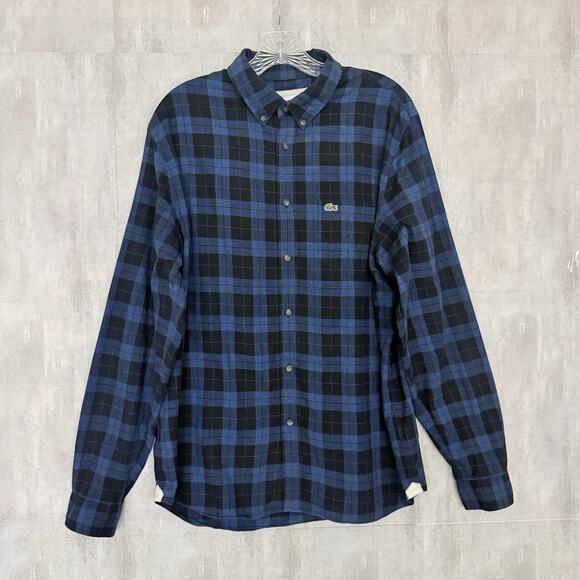 Lacoste Flannel Shirt Men's 42 Large Blue Plaid Long Sleeve Button Up Preppy - Picture 1 of 10